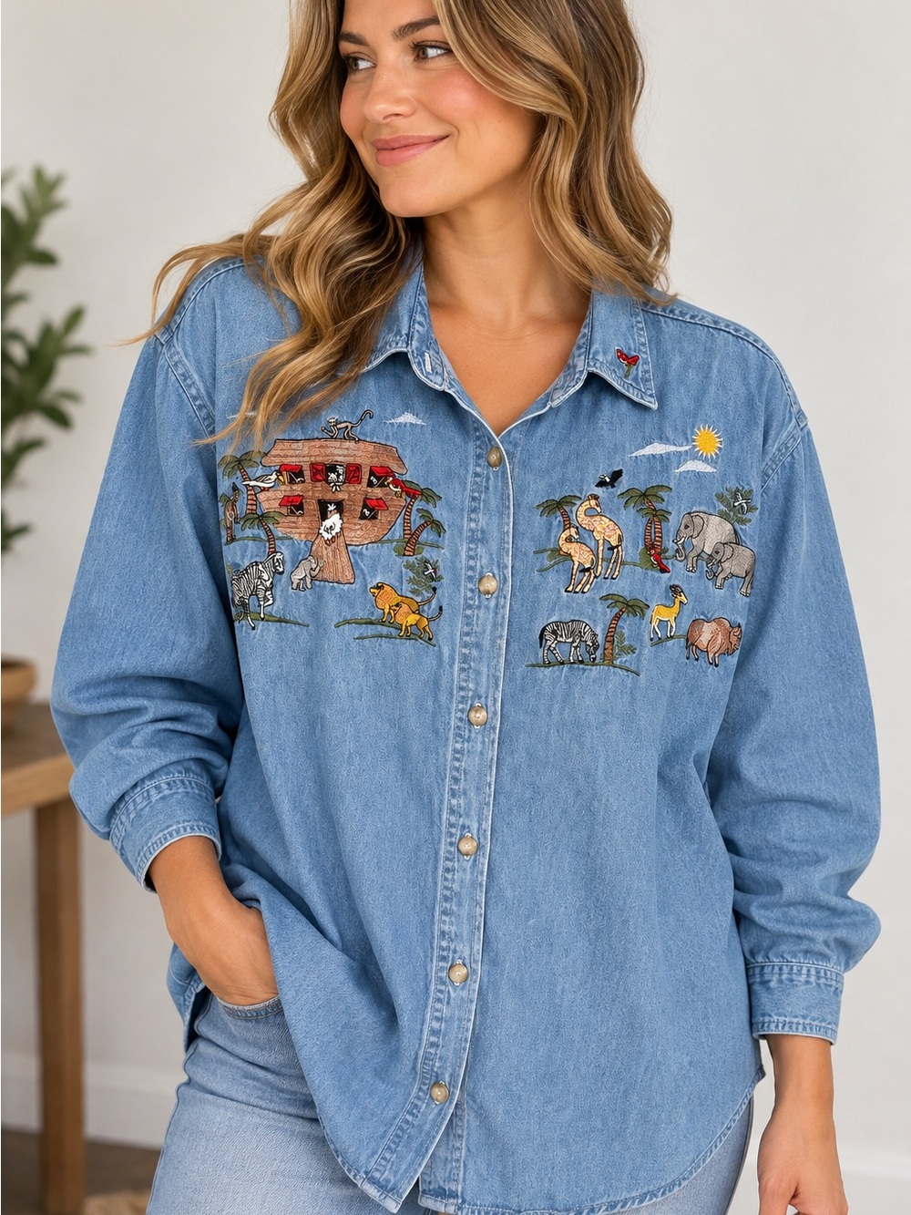Vintage Woman Denim Shirt Size 20 Noah's Ark Animal Embroidered 90s Christian